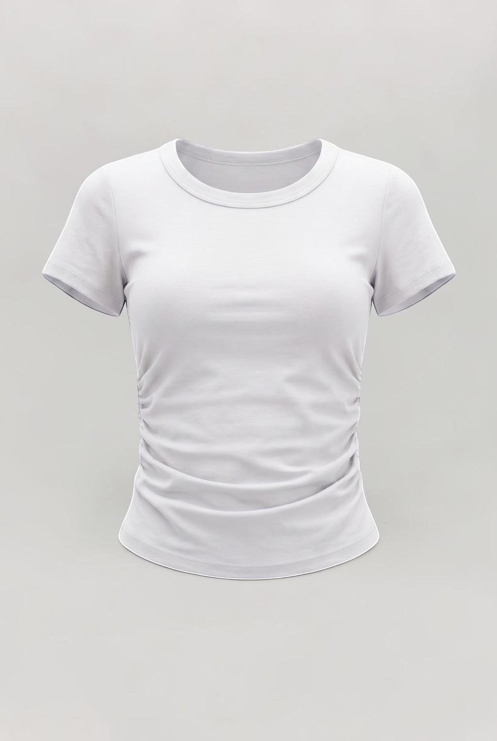 SOLAのホワイトコットンブラトップTシャツ。ウエストサイドにプリーツ加工が施されたクルーネックの半袖デザイン。