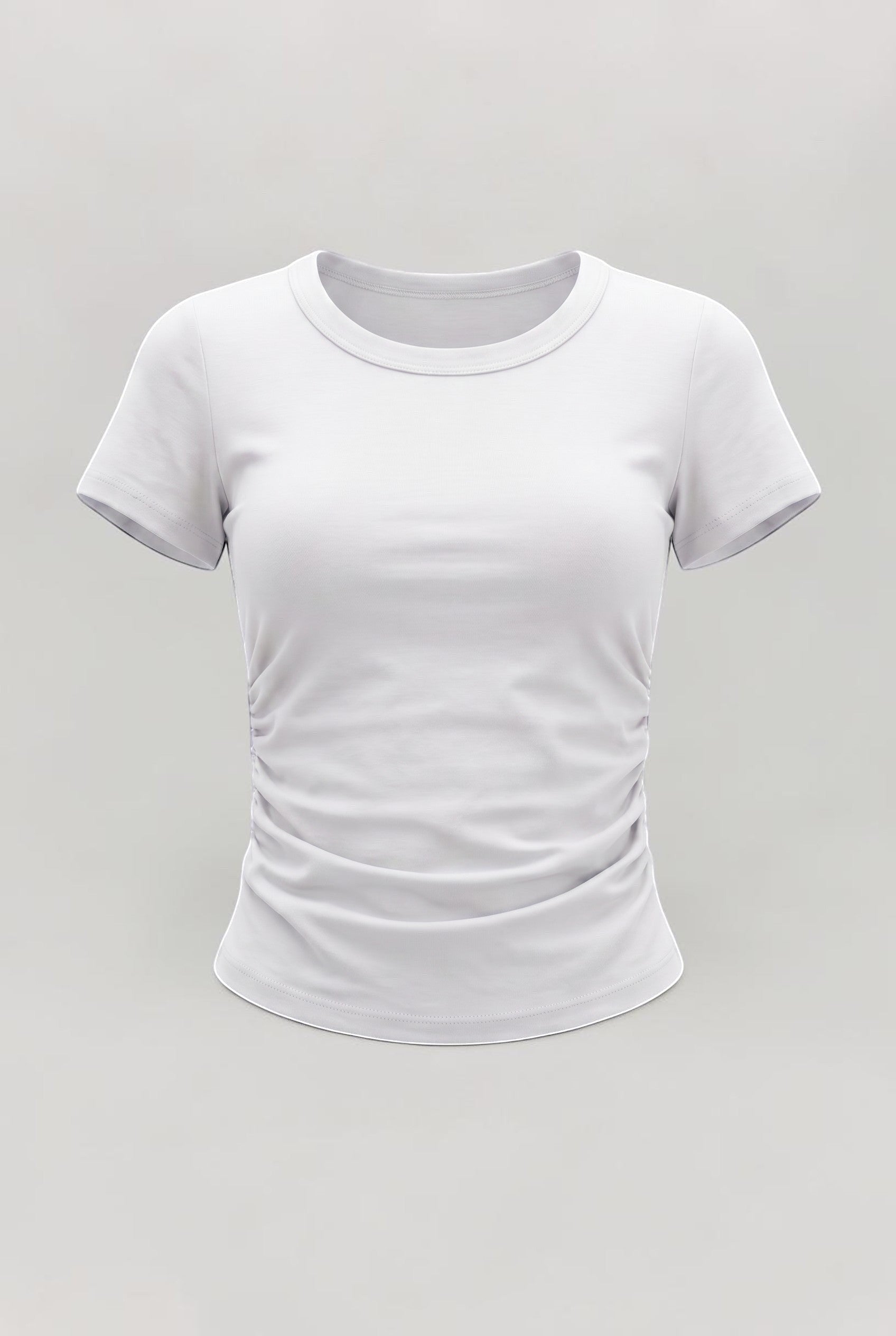 SOLAのホワイトコットンブラトップTシャツ。ウエストサイドにプリーツ加工が施されたクルーネックの半袖デザイン。