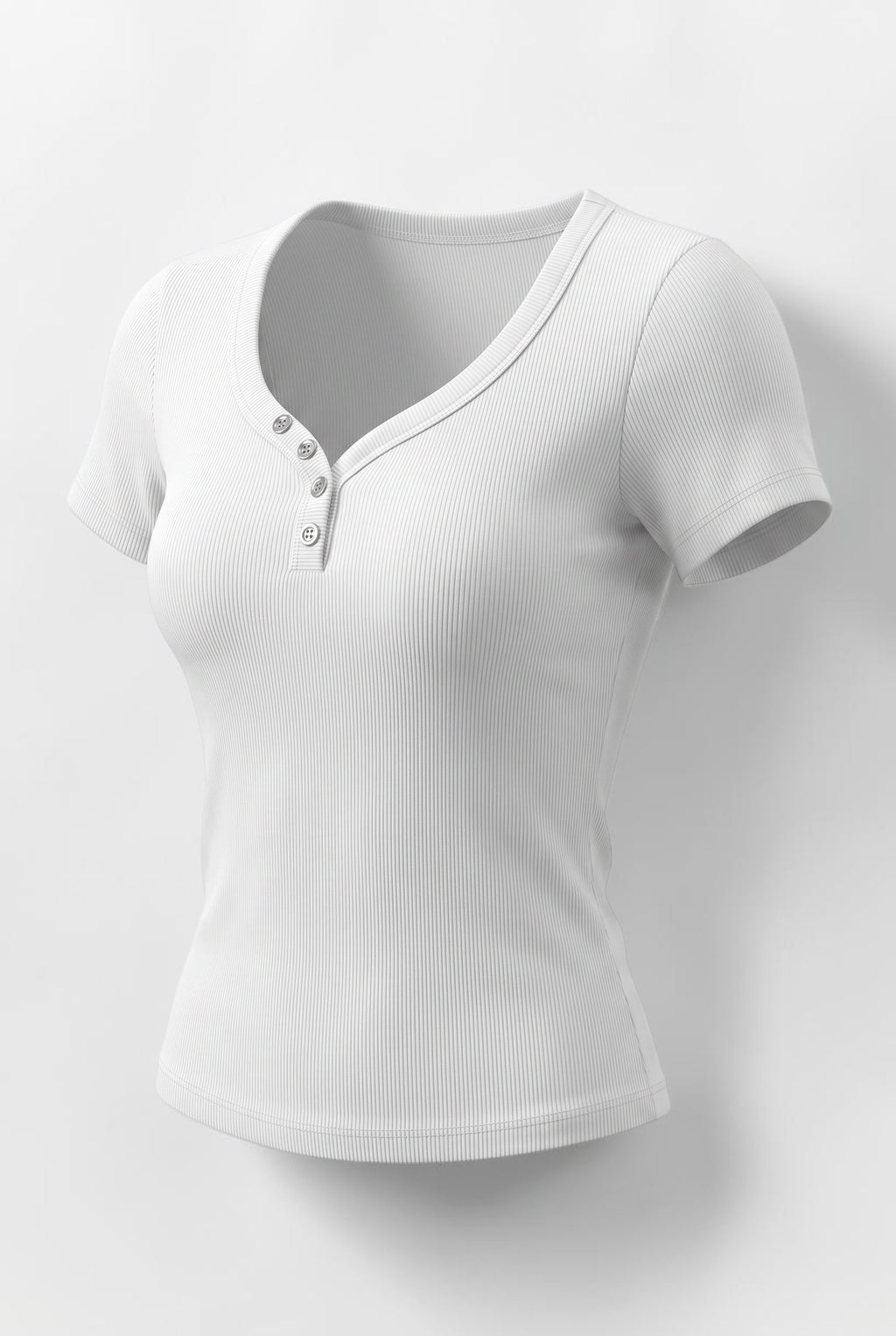 SOLAのホワイトカラーのトリプルボタン付きリブブラトップTシャツ。シンプルで伸縮性のある素材感。